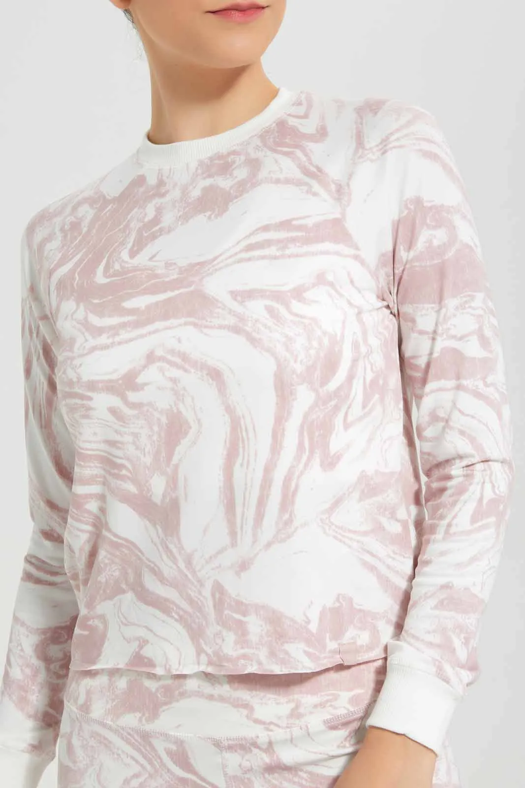 Women Pink And White All-Over Print Active Sweatshirt