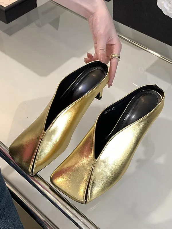 Metallic Champagne Stiletto Heel Mules