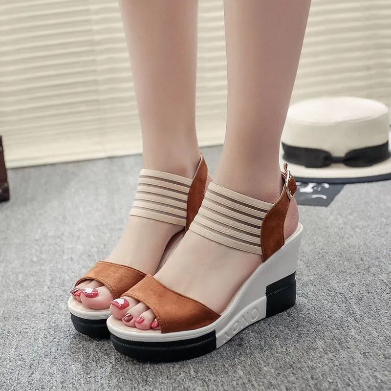 Summer Women's High Heel Wedges with Peep Toe, Buckle Strap, and Stretch Ankle