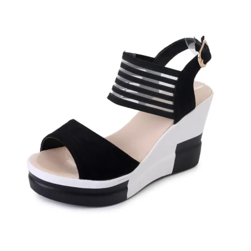 Summer Women's High Heel Wedges with Peep Toe, Buckle Strap, and Stretch Ankle