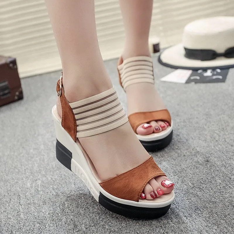 Summer Women's High Heel Wedges with Peep Toe, Buckle Strap, and Stretch Ankle