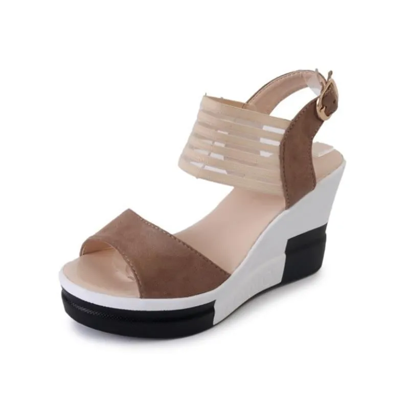 Summer Women's High Heel Wedges with Peep Toe, Buckle Strap, and Stretch Ankle