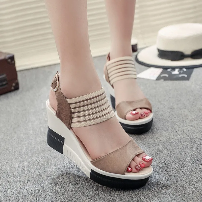 Summer Women's High Heel Wedges with Peep Toe, Buckle Strap, and Stretch Ankle