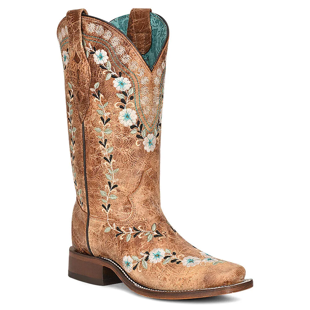 Women's Western Cognac Floral Square Toe Boots: Style A4398