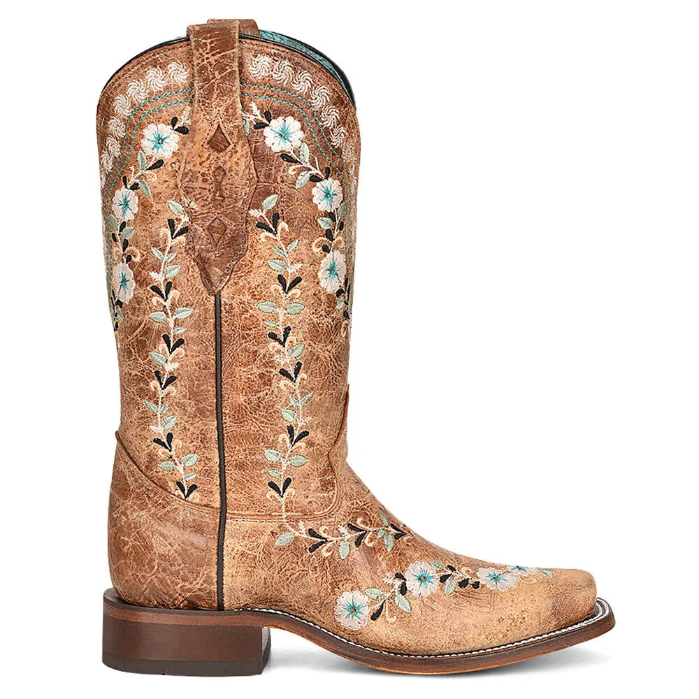 Women's Western Cognac Floral Square Toe Boots: Style A4398