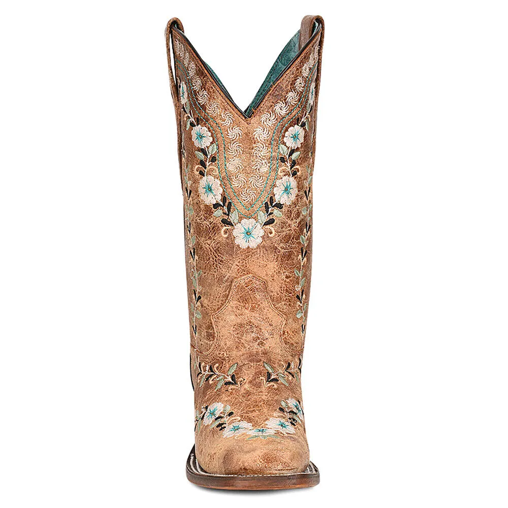 Women's Western Cognac Floral Square Toe Boots: Style A4398