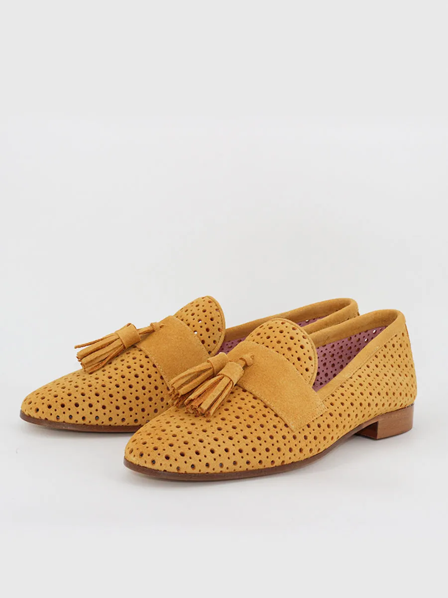 Yellow suede Tivoli loafers.