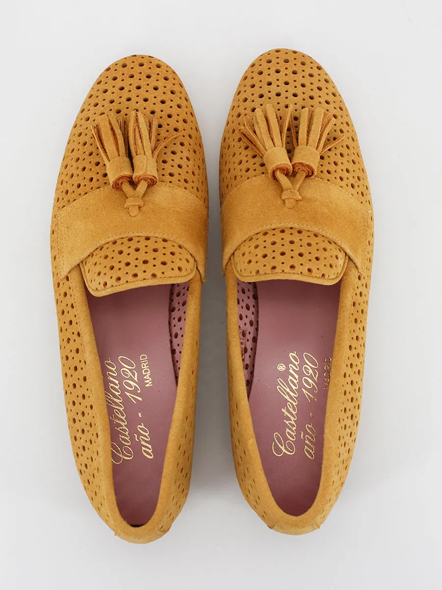 Yellow suede Tivoli loafers.