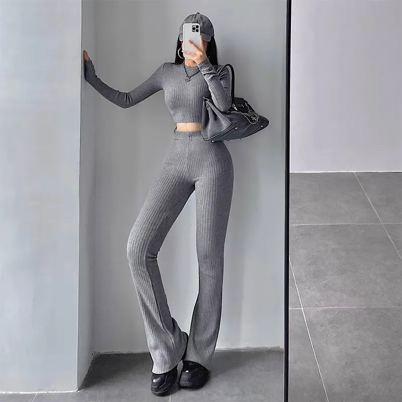 YoungGirlDay hot girl sexy tight slimming navel-baring long-sleeved T-shirt high-waisted casual pants suit (B1813)