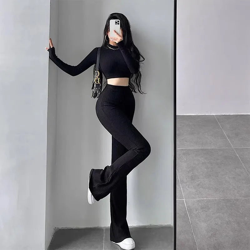 YoungGirlDay hot girl sexy tight slimming navel-baring long-sleeved T-shirt high-waisted casual pants suit (B1813)