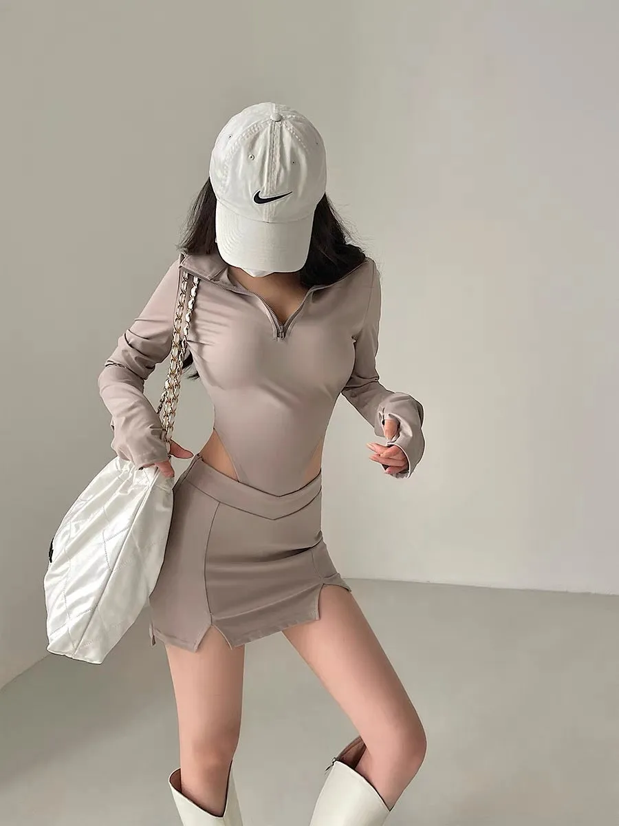 YoungGirlDay hot girl sexy zipper lapel long-sleeved bottoming jumpsuit anti-exposure hip-hugging short skirt suit (B1817)