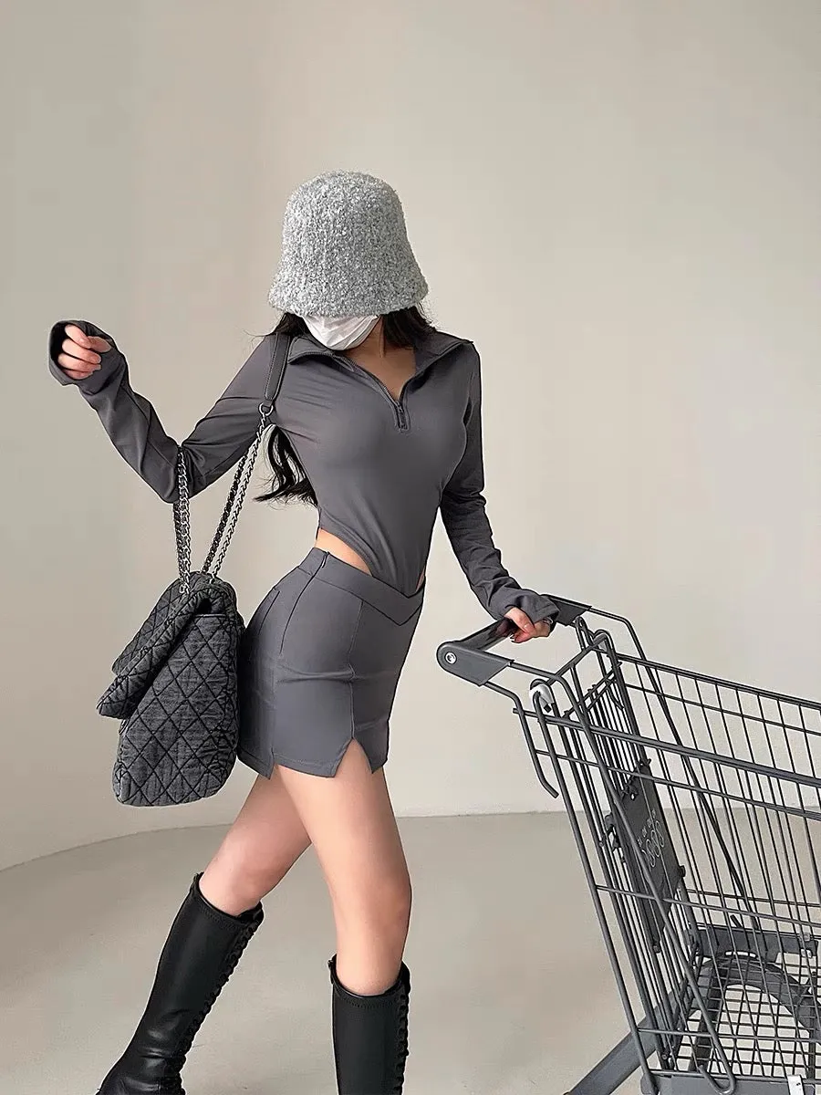 YoungGirlDay hot girl sexy zipper lapel long-sleeved bottoming jumpsuit anti-exposure hip-hugging short skirt suit (B1817)